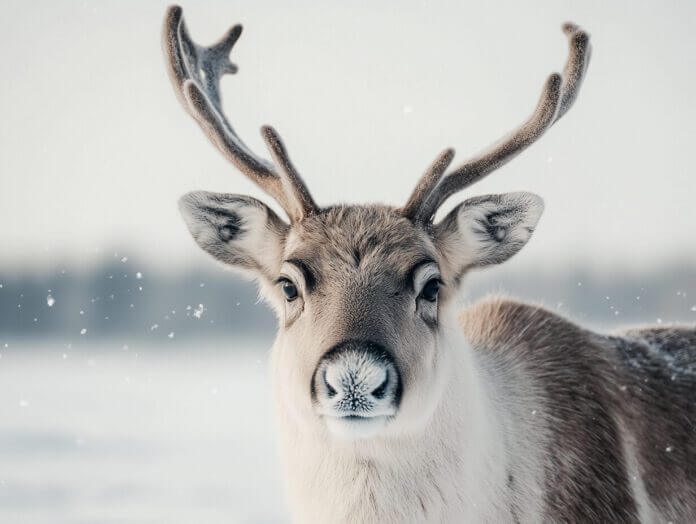 Ein Rentier mit dichtem, hellbraunem und weißem Fell steht in einer verschneiten Winterlandschaft. Sein majestätisches Geweih ist mit einer leichten Frostschicht überzogen. Die dunklen Augen blicken ruhig in die Kamera, während sanfte Schneeflocken durch die klare, kalte Luft schweben. Der Hintergrund ist leicht verschwommen und zeigt eine offene Schneefläche mit angedeuteten Bäumen in der Ferne.